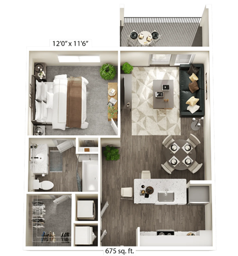 A floor plan of a 675 sq ft apartment with a kitchen, living room, dining area, and bathroom.